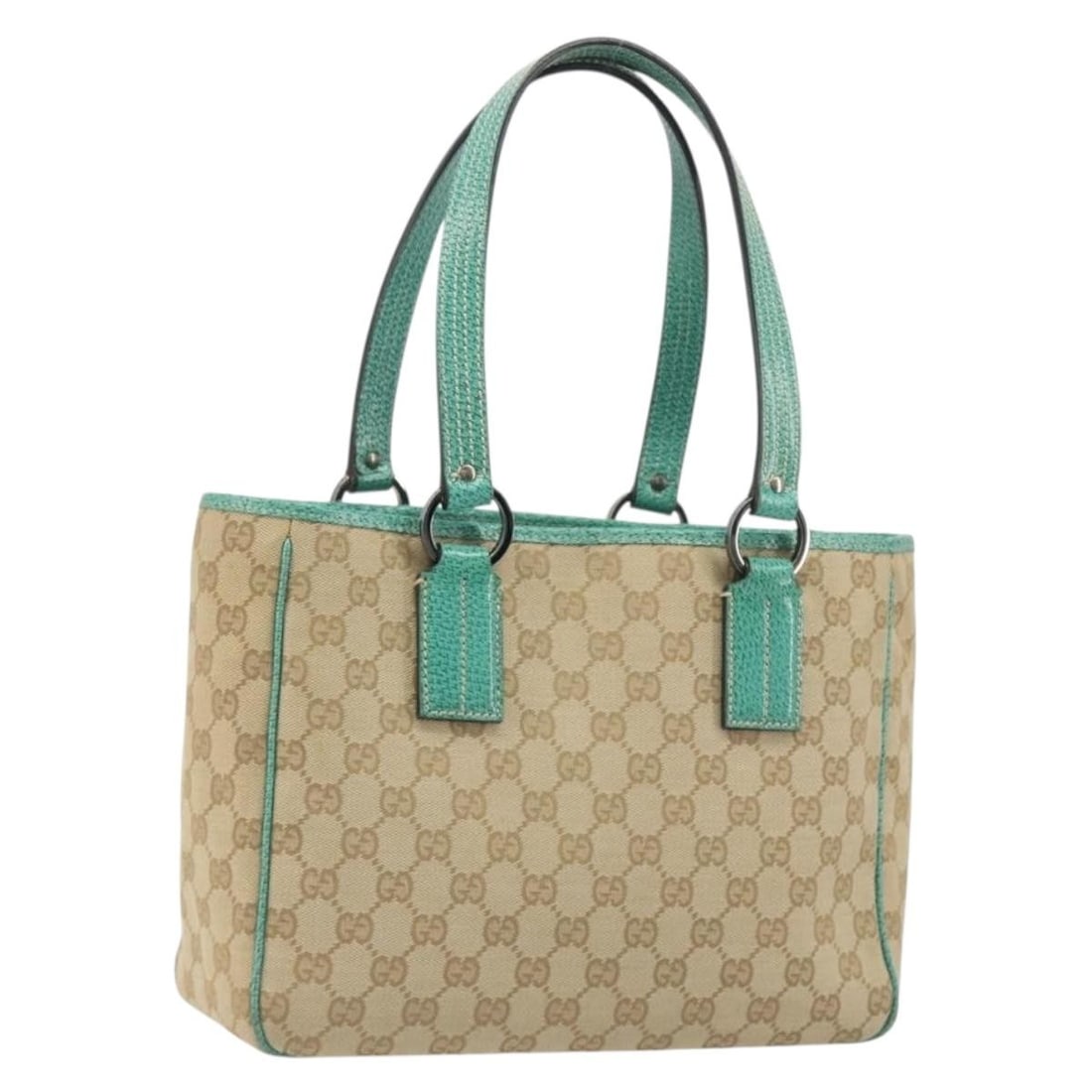 GUCCI 113019 GG Canvas Hand Bag Beige Green Italy: GUCCI 113019 GG Canvas Hand Bag Beige Green Italy This GUCCI hand bag is crafted from GG Canvas in a beige and green colorway. Made in Italy, it features a handle drop of approximately 8.3 inches (21 