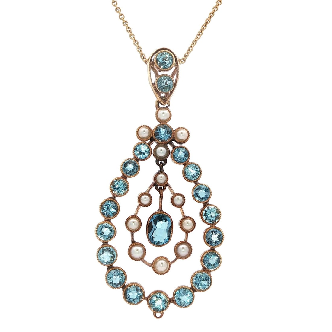 Antique 14k Yellow Gold Aquamarine Pearl Lavalier Pendant Necklace: Antique 14k Yellow Gold Aquamarine Pearl Lavalier Pendant Necklace This exquisite antique pendant necklace showcases a stunning combination of natural aquamarine and cultured pearls, set in solid 14k 