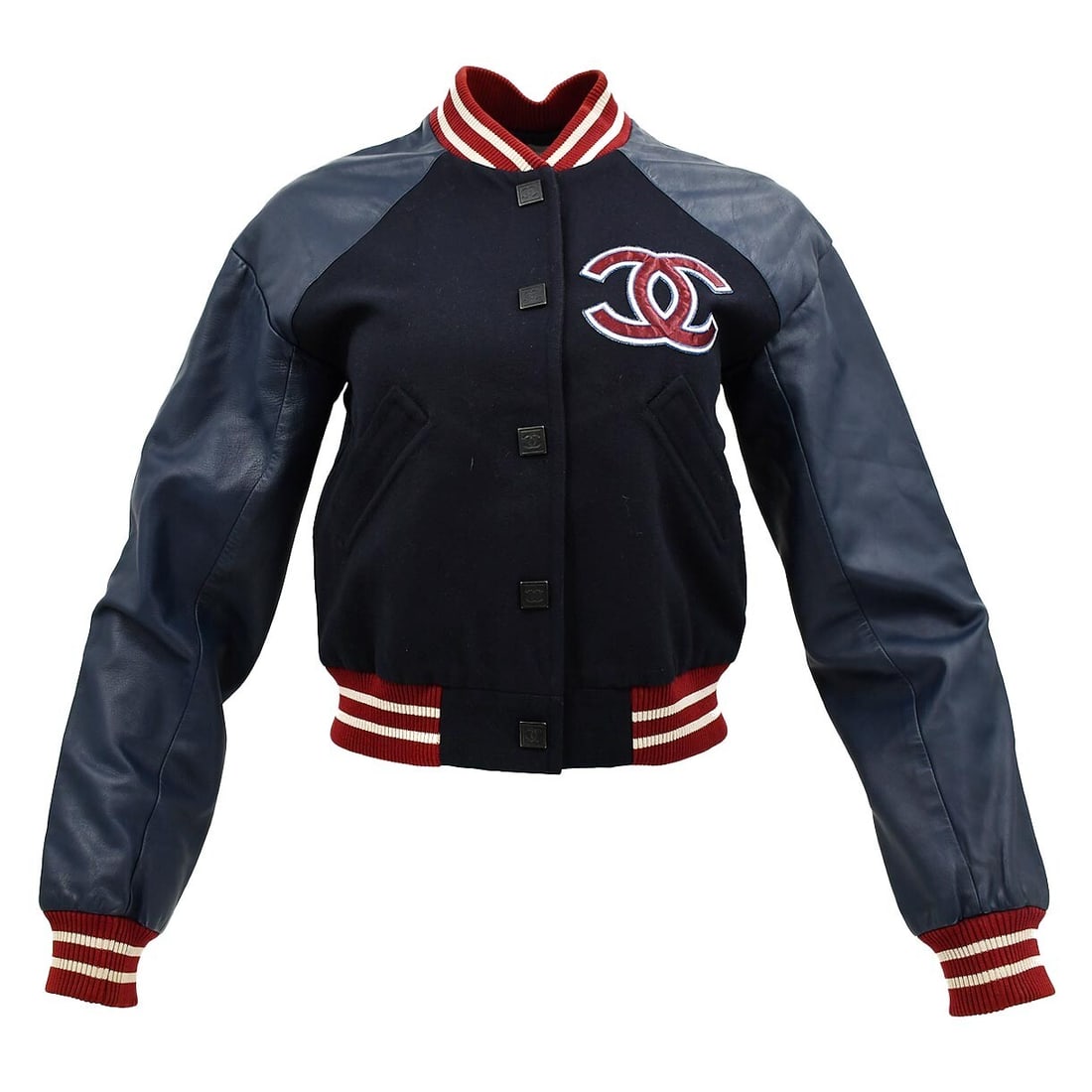 CHANEL 04P Wool Varsity Jacket Women Size 38 Dark Navy: CHANEL 04P Wool Varsity Jacket Women Size 38 Dark Navy Chanel 04P letterman-style bomber jacket in dark navy with logo accents and a lined interior. This women's mid-length jacket features a button fr