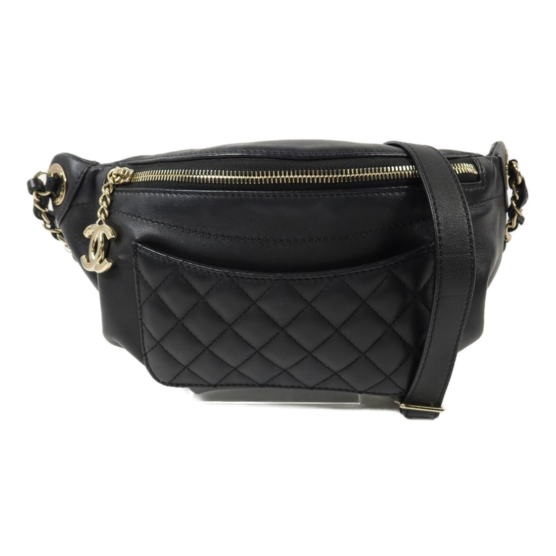 Chanel A57832 CC waist bag black lambskin with gold tone hardware: Chanel A57832 CC waist bag black lambskin with gold tone hardware CHANEL CC waist bag in black lambskin leather with gold-tone hardware. It features a compact silhouette with multiple pockets and come