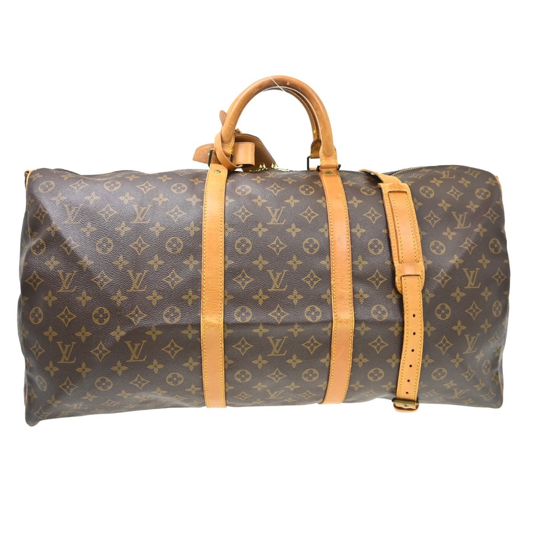 Louis Vuitton Keepall Bandouliere 60 Monogram Travel Duffle M41412: Louis Vuitton Keepall Bandouliere 60 Monogram Travel Duffle M41412 Vintage Louis Vuitton Keepall Bandouliere 60 duffle bag in brown Monogram canvas with leather trim. This extra-large travel bag featu
