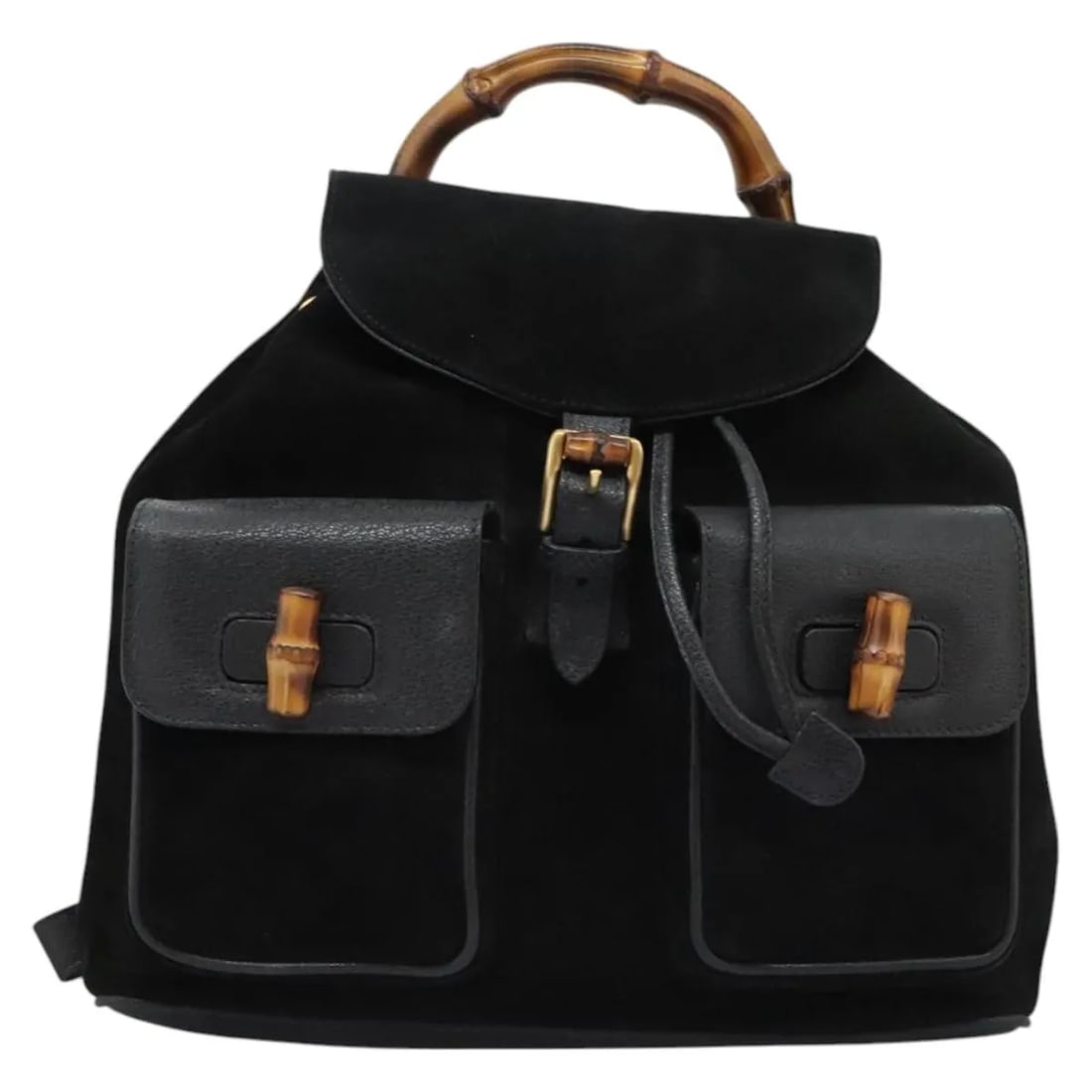 Gucci Vintage Bamboo black suede leather backpack: Gucci Vintage Bamboo black suede leather backpack This Gucci Vintage Bamboo Backpack is crafted from black suede and leather, designed for women. Made in Italy, it features the iconic bamboo handle an