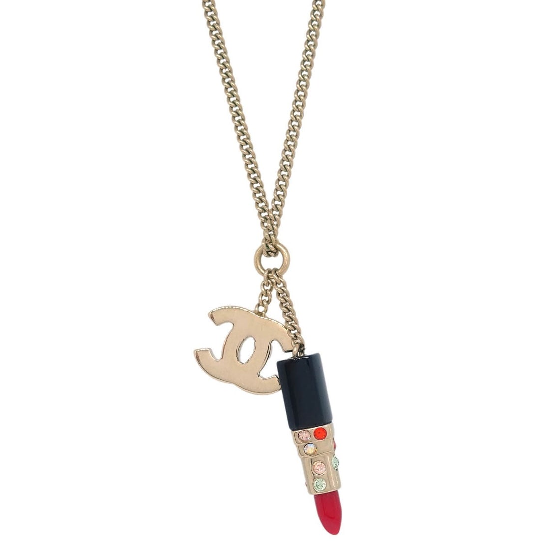 CHANEL 04A Gold Plated Lipstick Charm Necklace with CC Rhinestones: CHANEL 04A Gold Plated Lipstick Charm Necklace with CC Rhinestones Chanel charm necklace featuring a lipstick-shaped CC pendant with rhinestone accents. Made in Italy, this gold-plated piece is finish