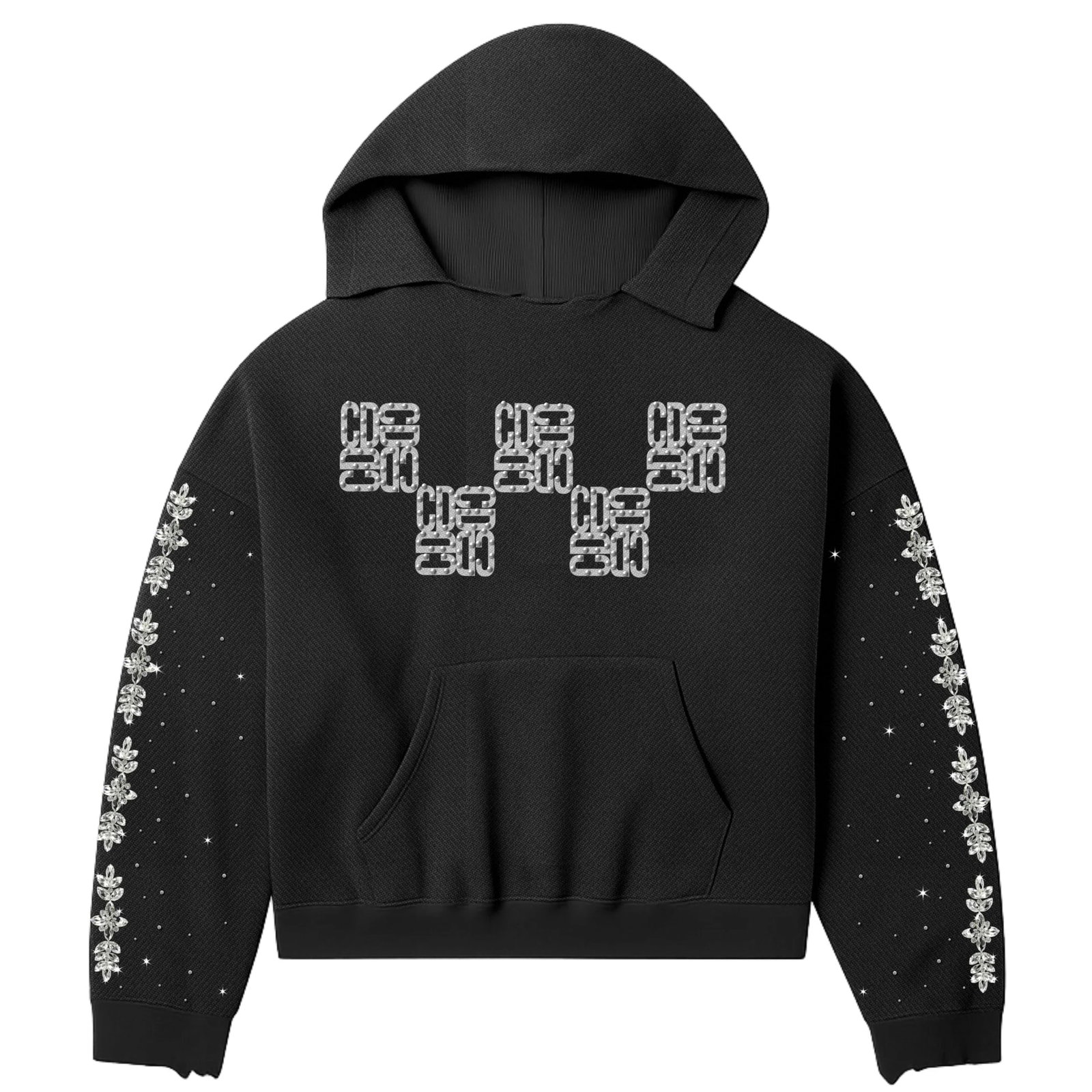 Carpe Diem Hoodie with Rhinestone CD Design in Black Cotton Fleece: Carpe Diem Hoodie with Rhinestone CD Design in Black Cotton Fleece This Carpe Diem Black Diamond Hoodie is crafted from ultra-soft cotton fleece for all-day warmth and breathability. It features a bol