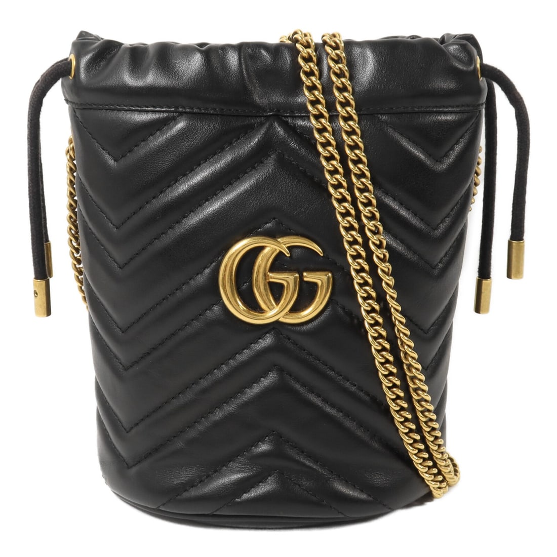 Gucci 575163 GG Marmont bucket shoulder bag black calfskin: Gucci 575163 GG Marmont bucket shoulder bag black calfskin A black GG Marmont bucket chain shoulder bag, model 575163, crafted from calfskin leather. It features an interior chain pouch strap and two 