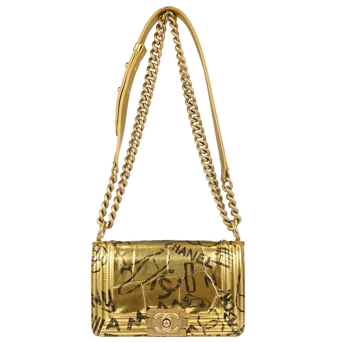 CHANEL Boy Chanel Mini Shoulder Bag Gold Embossed Calfskin Chain Strap: CHANEL Boy Chanel Mini Shoulder Bag Gold Embossed Calfskin Chain Strap Gold embossed calfskin shoulder bag in a mini size, featuring a clasp flap closure and chain shoulder strap. It has a fabric lini