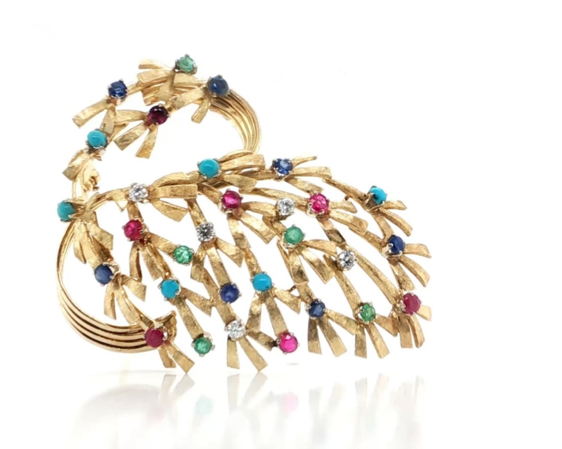 18k Yellow Gold Floral Brooch with Turquoise Ruby Sapphire Emerald: 18k Yellow Gold Floral Brooch with Turquoise Ruby Sapphire Emerald This vintage/estate openwork floral bouquet brooch pin is crafted in 18k yellow gold and features multigemstone accents, including tu