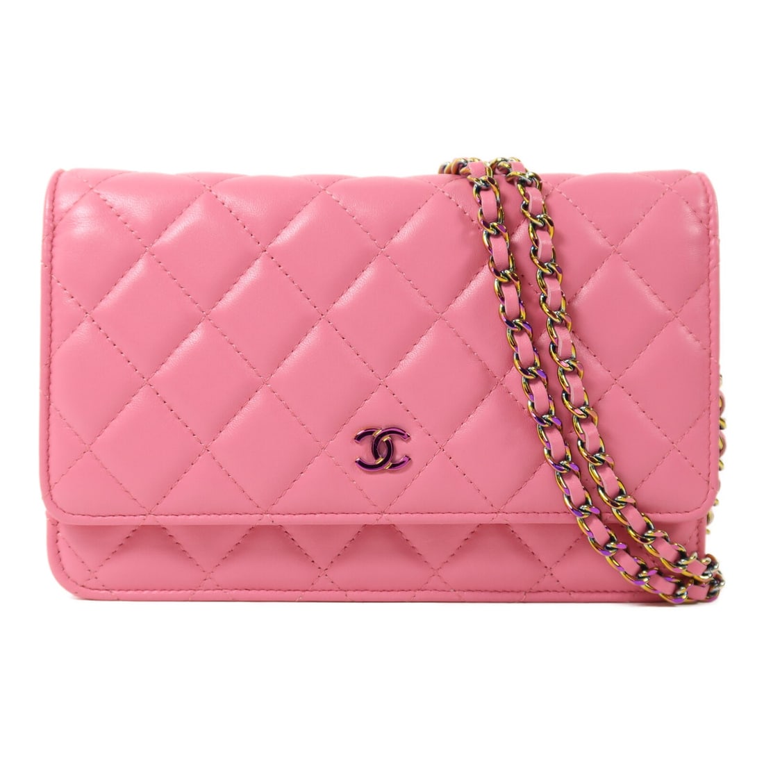 CHANEL CC Wallet on Chain Lambskin Shoulder Bag Pink Yellow: CHANEL CC Wallet on Chain Lambskin Shoulder Bag Pink Yellow This CHANEL CC Wallet On Chain shoulder bag is crafted in lambskin (sheep leather) and presented in pink and yellow. It is a women's regular