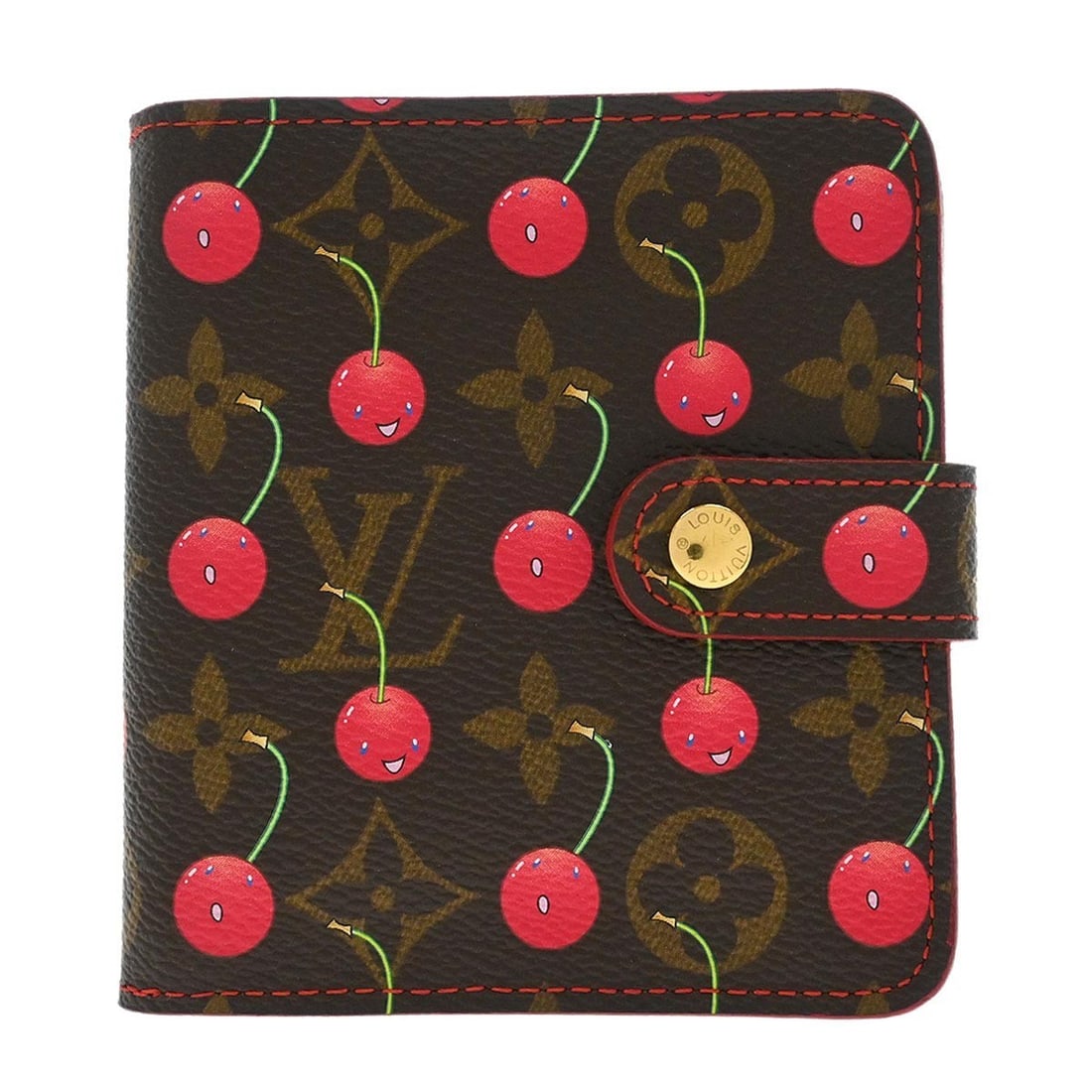 Louis Vuitton M95005 Monogram Cherry Canvas Folding Wallet: Louis Vuitton M95005 Monogram Cherry Canvas Folding Wallet Compact Louis Vuitton Monogram Cherry zip wallet for women in brown Monogram Cherry canvas with leather trim and a button logo accent. This f