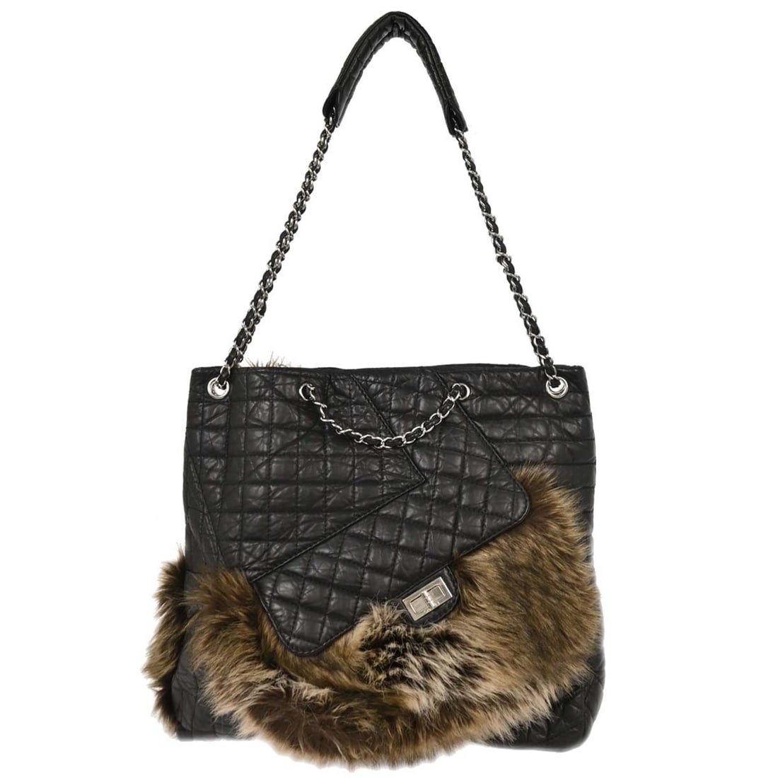 Large CHANEL Mademoiselle Lock black fur calfskin shoulder bag (1 of 10)