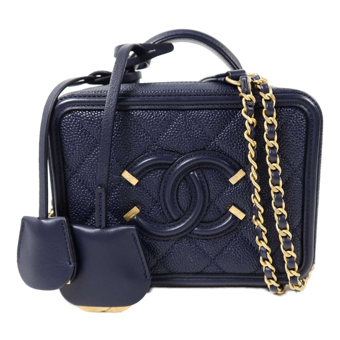 CHANEL Filigree Vanity Case 2 Way Calfskin Shoulder Bag Navy: CHANEL Filigree Vanity Case 2 Way Calfskin Shoulder Bag Navy A CHANEL CC Filigree Vanity Case 2 Way Shoulder Bag in navy blue calfskin leather. It features gold-tone hardware and comes with the listed
