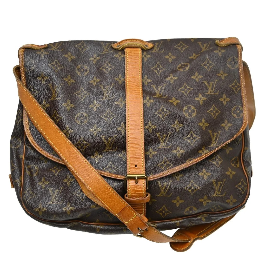 Louis Vuitton Saumur Unisex Brown Canvas Shoulder Bag: Louis Vuitton Saumur Unisex Brown Canvas Shoulder Bag Louis Vuitton Saumur in brown monogram canvas. This unisex bag is in good condition with visible wear, including scuffs and scratches on the exter