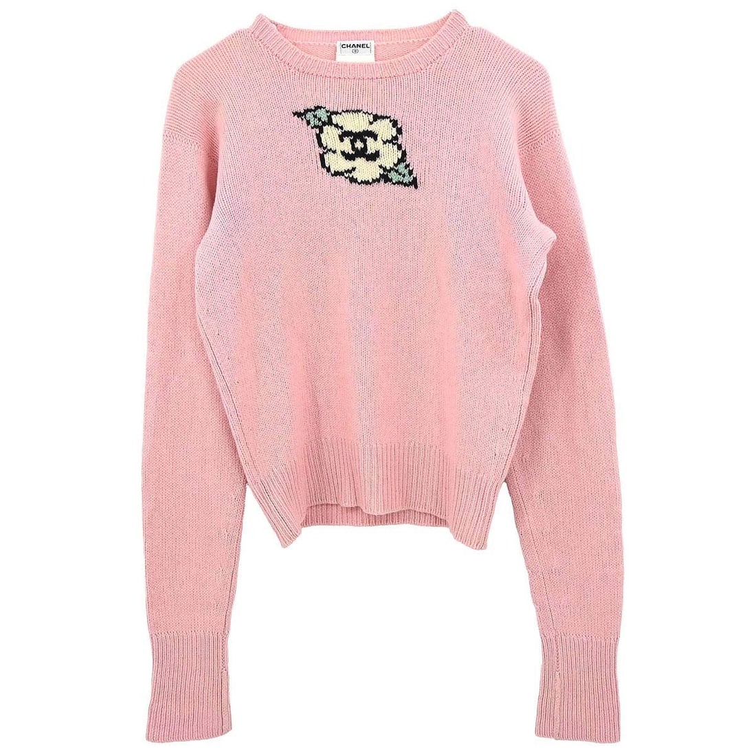 CHANEL Pink Cashmere Long Sleeve Knit Top Size 42: CHANEL Pink Cashmere Long Sleeve Knit Top Size 42 Pink Chanel knit top in 100% cashmere with a round neckline, long sleeves, regular fit, and logo accent. Made for women in a casual style, this piece 