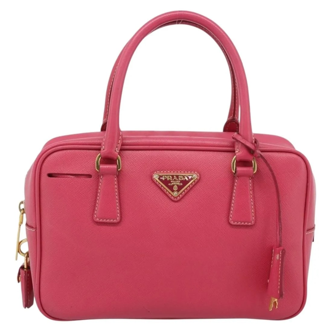 Prada Bauletto Pink Leather Handbag 24cm x 14cm x 9cm: Prada Bauletto Pink Leather Handbag 24cm x 14cm x 9cm Prada Bauletto handbag in pink leather with a structured silhouette and dual handles. Made in Italy, this piece is presented in good condition wit