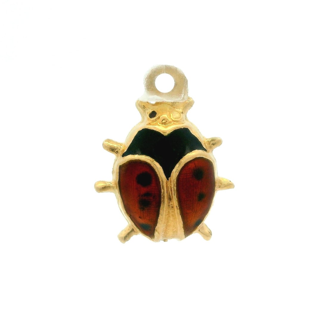 18k Yellow Gold Lady Bug Enamel Charm Pendant: 18k Yellow Gold Lady Bug Enamel Charm Pendant This charming ladybug pendant is crafted from 18k solid yellow gold and features intricate black and red enamel work, making it a delightful piece of jewe