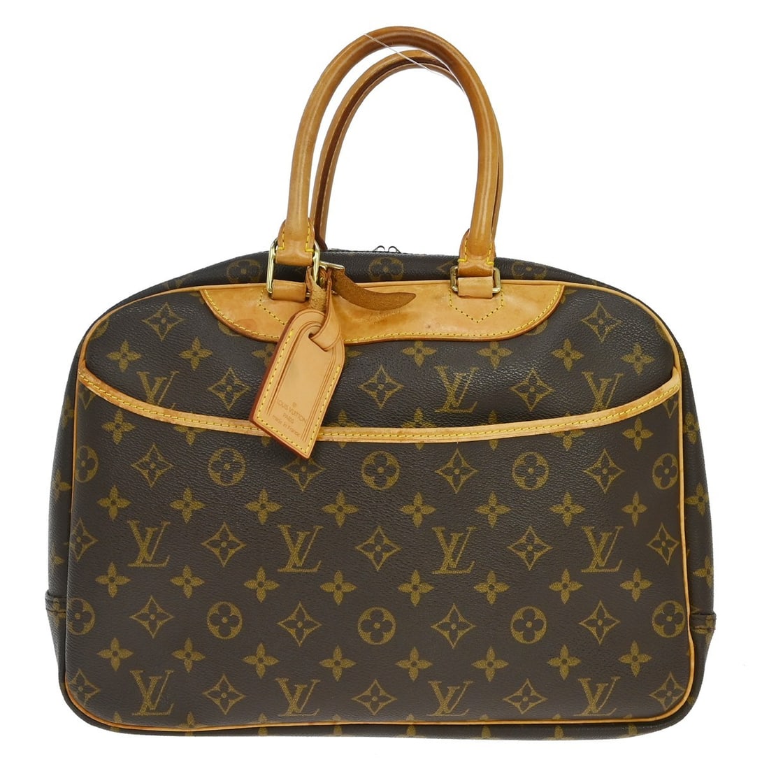 Louis Vuitton Deauville Vanity Monogram Canvas Handbag M47270: Louis Vuitton Deauville Vanity Monogram Canvas Handbag M47270 Vintage Louis Vuitton Deauville bowling vanity business handbag in brown Monogram canvas with leather trim and double handles. This zip-to