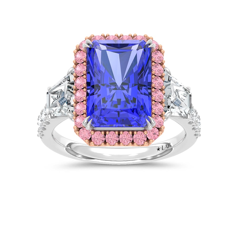 14K Two Tone Lab Grown Diamond 7 1/3 Ct.Tw. Blue Radiant Engagement Ring (Center 5ct): 14K Two Tone Lab Grown Diamond 7 1/3 Ct.Tw. Blue Radiant Engagement Ring (Center 5ct) Exude sophistication with this 14K Two-Tone Gold Engagement Ring, featuring a dazzling 5-carat lab-grown blue diam