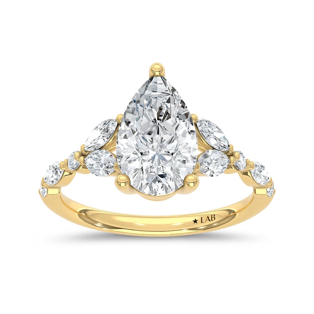 14K Yellow Gold Lab Grown Diamond 2 1/2 Ct.Tw. Pear Shape Engagement Ring (Center 2 CTW): 14K Yellow Gold Lab Grown Diamond 2 1/2 Ct.Tw. Pear Shape Engagement Ring (Center 2 CTW) 14k Yellow Gold Stone Color: D-f Stone Clarity: Vs Each ring is presented in standard size 6.5. Complimentary r