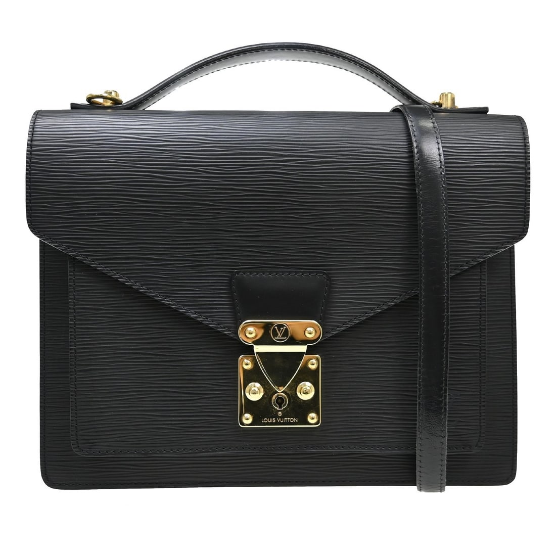 Louis Vuitton Monceau 28 Epi Leather Satchel with Strap Black: Louis Vuitton Monceau 28 Epi Leather Satchel with Strap Black Vintage Louis Vuitton Monceau 28 satchel in black Epi leather with a flap lock closure, double handles, and a 2-way design. The bag includ