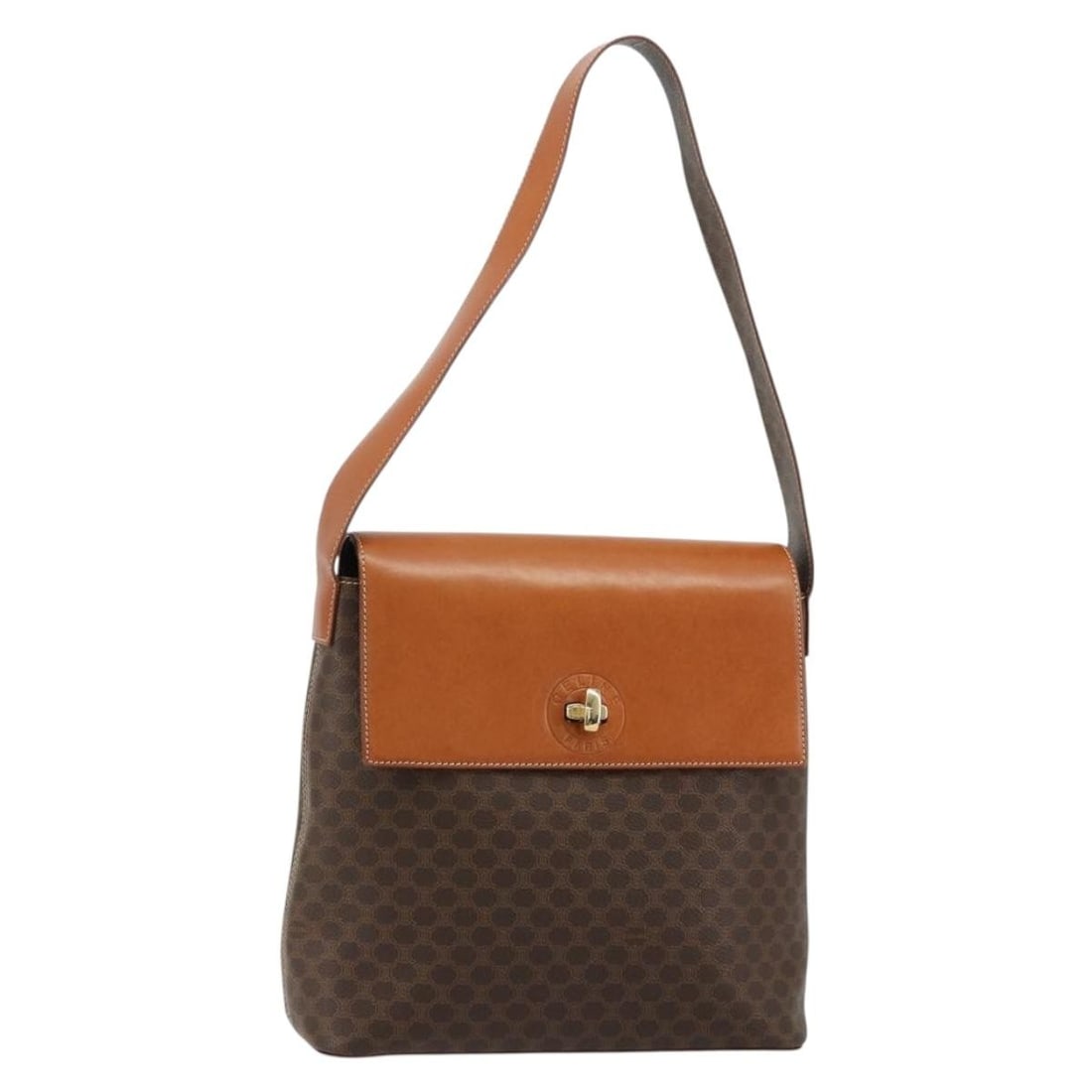 Celine Macadam PVC Leather Shoulder Bag Brown Gold Tone: Celine Macadam PVC Leather Shoulder Bag Brown Gold Tone A CELINE shoulder bag in brown and gold, crafted from PVC leather and Macadam canvas. Made in Italy, this bag features a shoulder drop of approx
