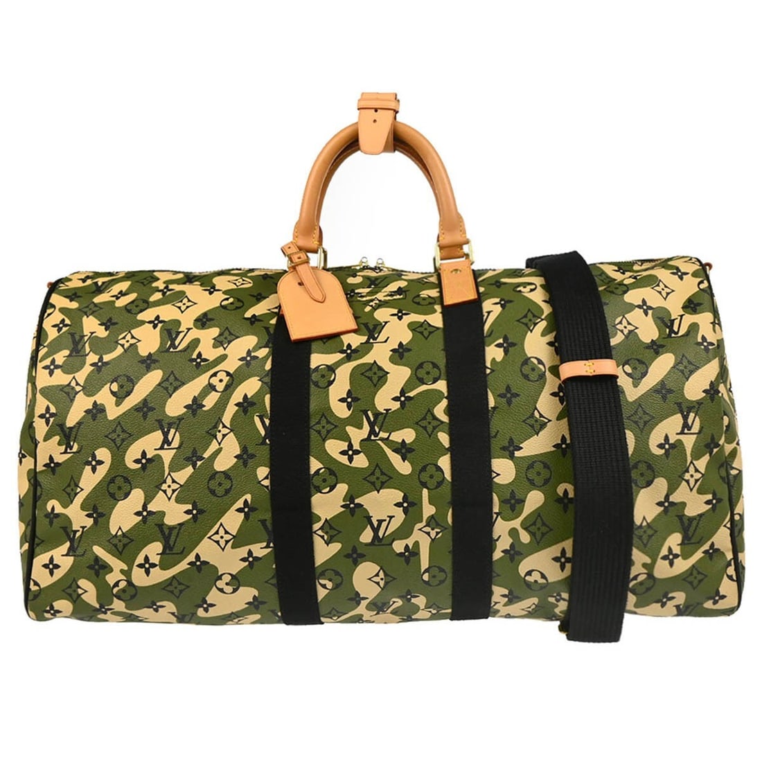 Louis Vuitton Keepall Bandouliere 55 Monogramouflage Duffle Bag M95774: Louis Vuitton Keepall Bandouliere 55 Monogramouflage Duffle Bag M95774 Louis Vuitton Keepall Bandouliere 55 handbag in green Monogramouflage canvas with leather trim, designed in collaboration with Ta