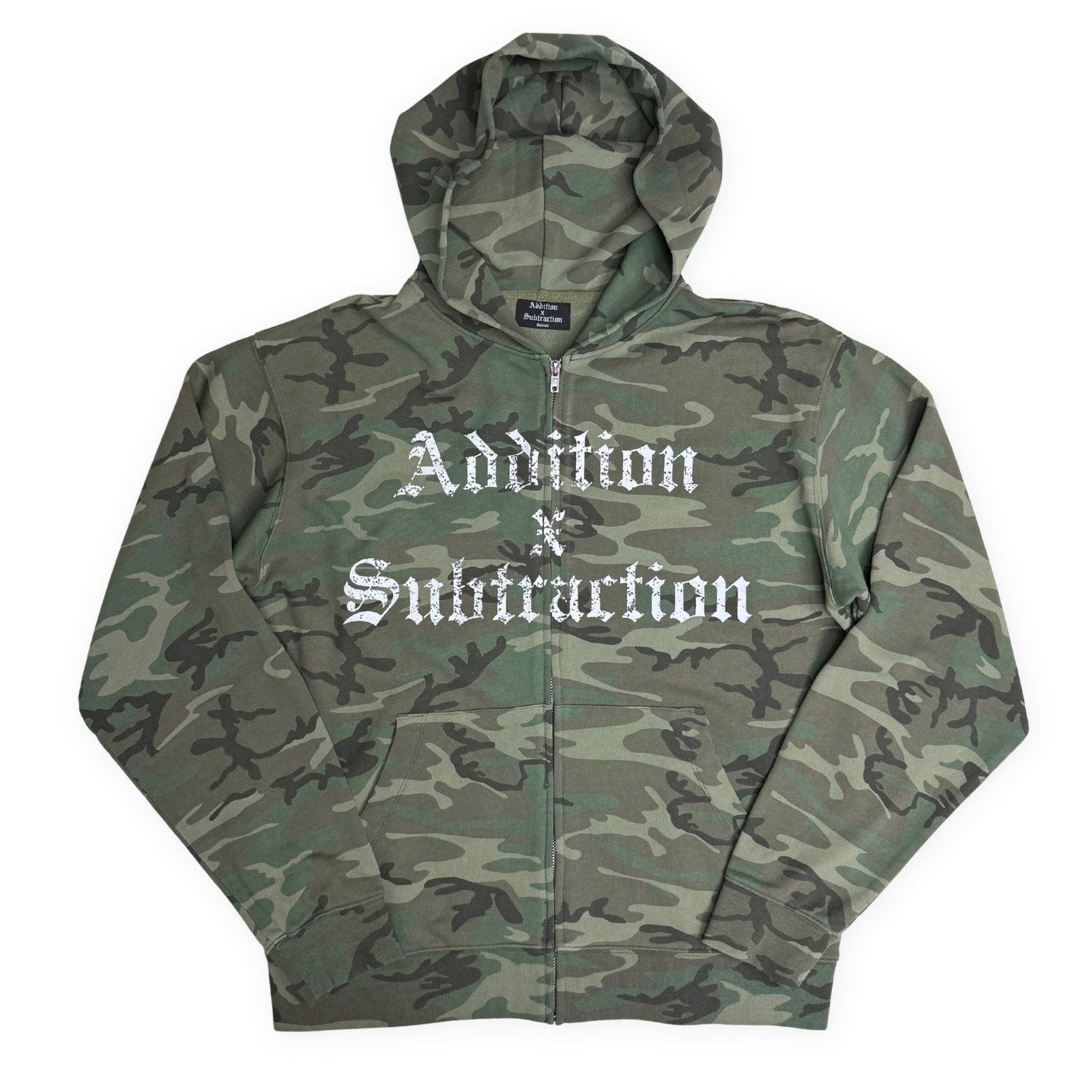 Camo Zip Front Hoodie Addition By Subtraction XL: Camo Zip Front Hoodie Addition By Subtraction XL This camo zip-up hoodie blends classic style with everyday comfort. Made from a premium cotton-blend fleece, it features a soft vintage wash for a brok