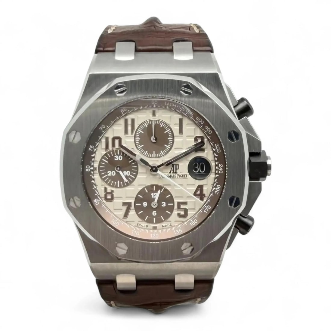Royal Oak Offshore Safari Stainless Steel Automatic Watch by Audemars Piguet: Royal Oak Offshore Safari Stainless Steel Automatic Watch by Audemars Piguet The Audemars Piguet Royal Oak Offshore Safari is a luxury men's wristwatch crafted in stainless steel. Featuring a mechanic