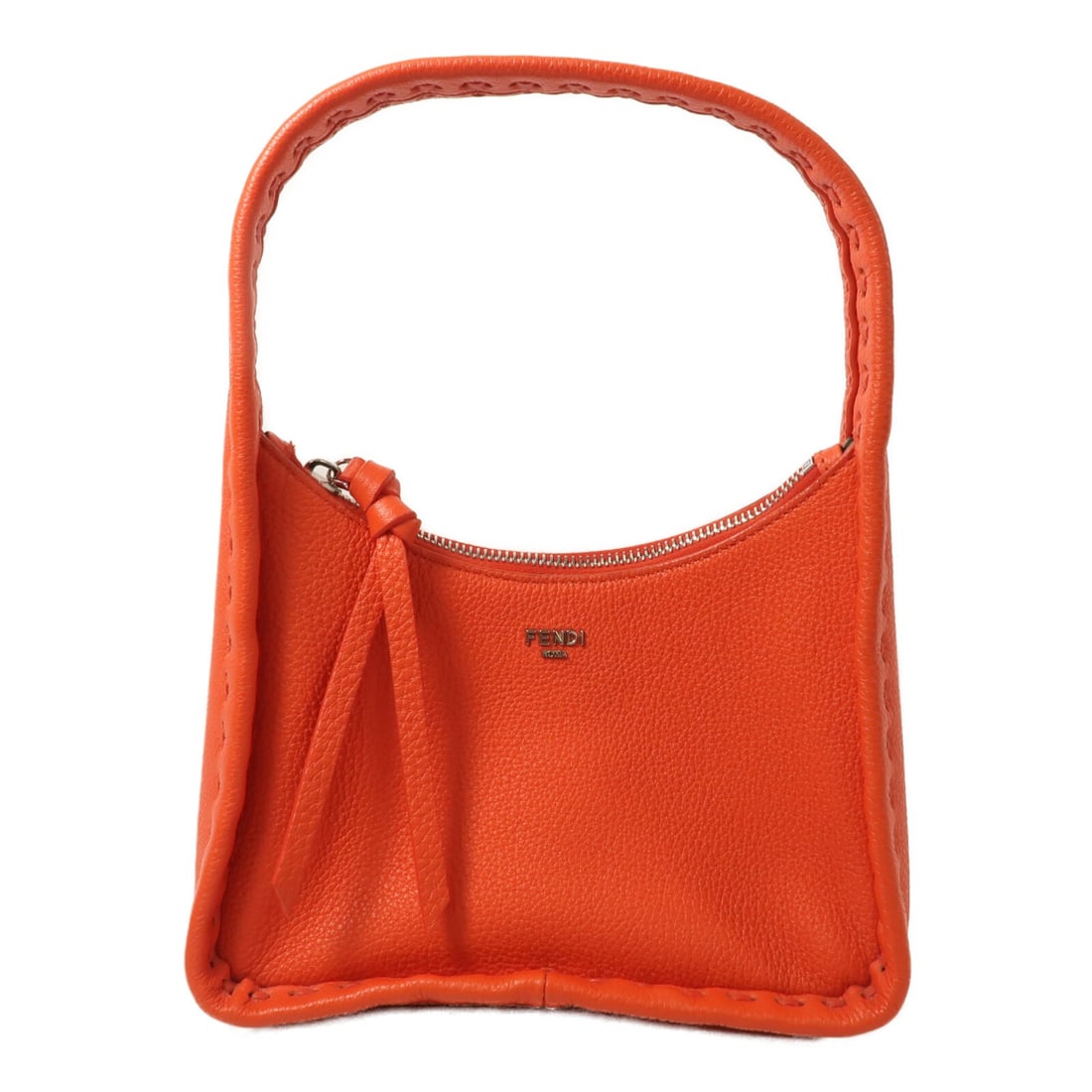 FENDI Mini Fendessence Calfskin Handbag 8BS094 Orange SHW: FENDI Mini Fendessence Calfskin Handbag 8BS094 Orange SHW Mini Fendessence handbag in orange calfskin leather with silver-tone hardware. It features a handle and a fastener, and comes with storage bag