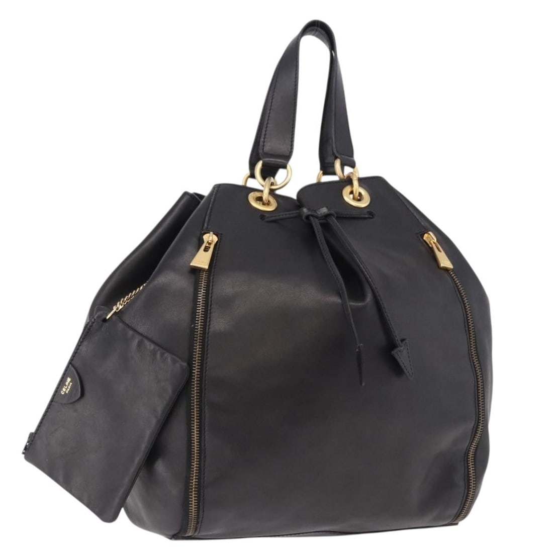 Celine Black Leather Handbag with Pouch Gold Tone Hardware: Celine Black Leather Handbag with Pouch Gold Tone Hardware Black and gold CELINE leather handbag made in Italy. It comes with a pouch and has a handle drop of approximately 15 cm (5.9 in). The bag is 