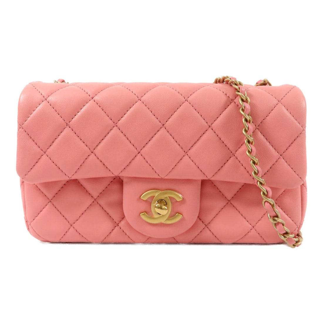 CHANEL AS1787 Mini Flap Shoulder Bag Pink Lambskin Gold Ball Chain: CHANEL AS1787 Mini Flap Shoulder Bag Pink Lambskin Gold Ball Chain A CHANEL mini flap bag in pink lambskin (sheep leather) with a gold ball chain shoulder strap and CC turn-lock closure. The bag inclu