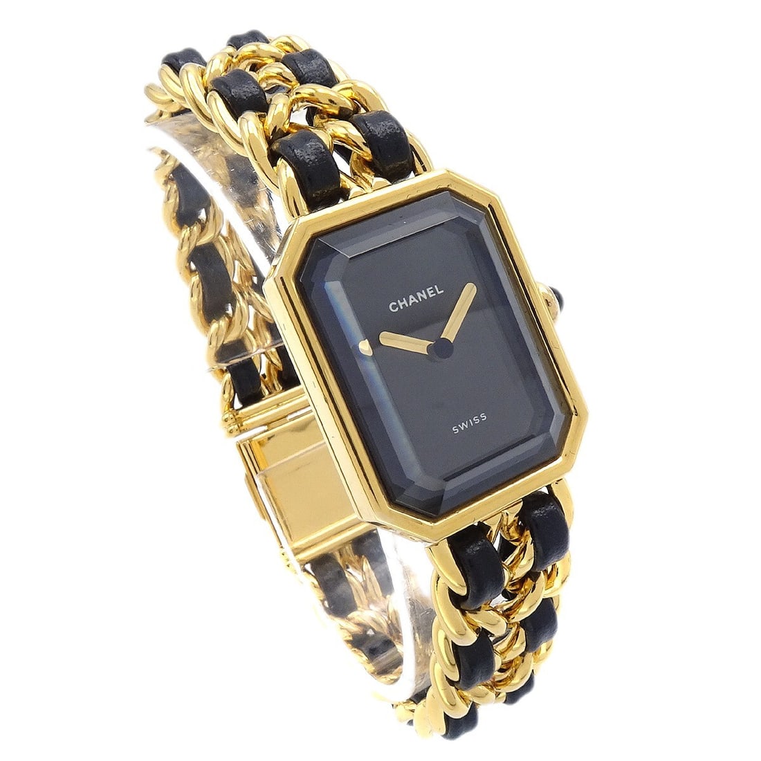 CHANEL Premiere women's quartz wristwatch black gold Swiss made: CHANEL Premiere women's quartz wristwatch black gold Swiss made Chanel Premiere wristwatch for women with a quartz movement and analog display. It has a black and gold case and dial, a gold-plated cas