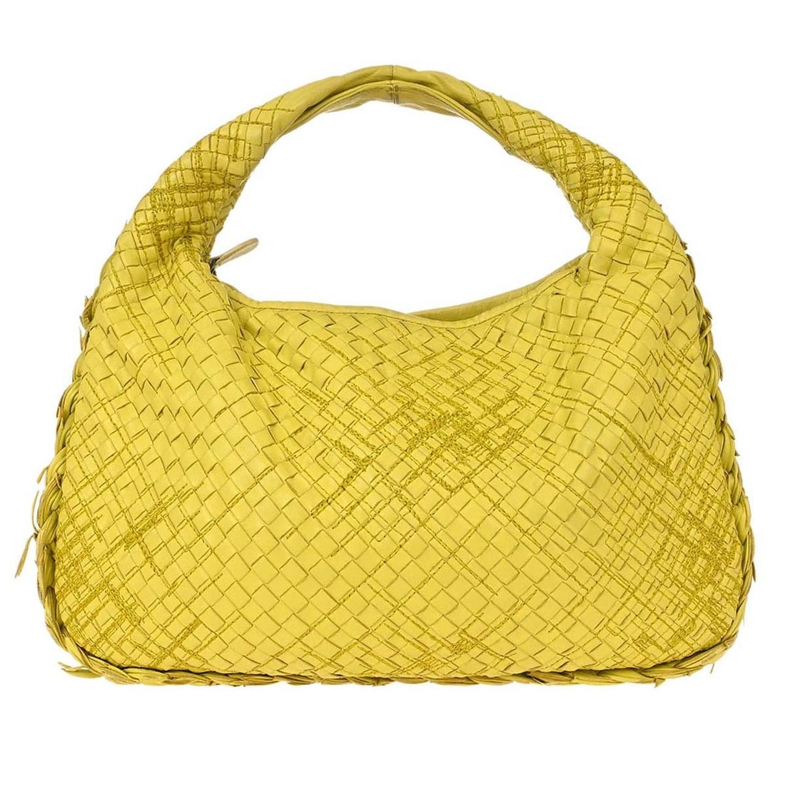 Bottega Veneta Intrecciato Yellow Lambskin Leather Hobo Bag: Bottega Veneta Intrecciato Yellow Lambskin Leather Hobo Bag Bottega Veneta Intrecciato hobo handbag in yellow lambskin leather with a top handle and zip closure. The bag features a brown lining and on