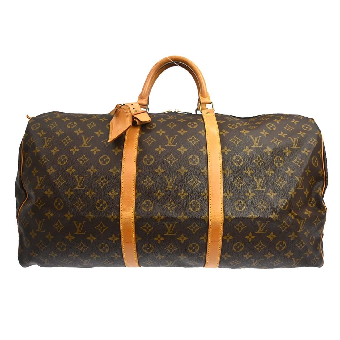 Louis Vuitton Keepall 60 Monogram Duffle Bag M41422 MI9002: Louis Vuitton Keepall 60 Monogram Duffle Bag M41422 MI9002 Vintage Louis Vuitton Keepall 60 travel handbag in brown Monogram canvas with leather trim and double handles. This extra large duffle-style 