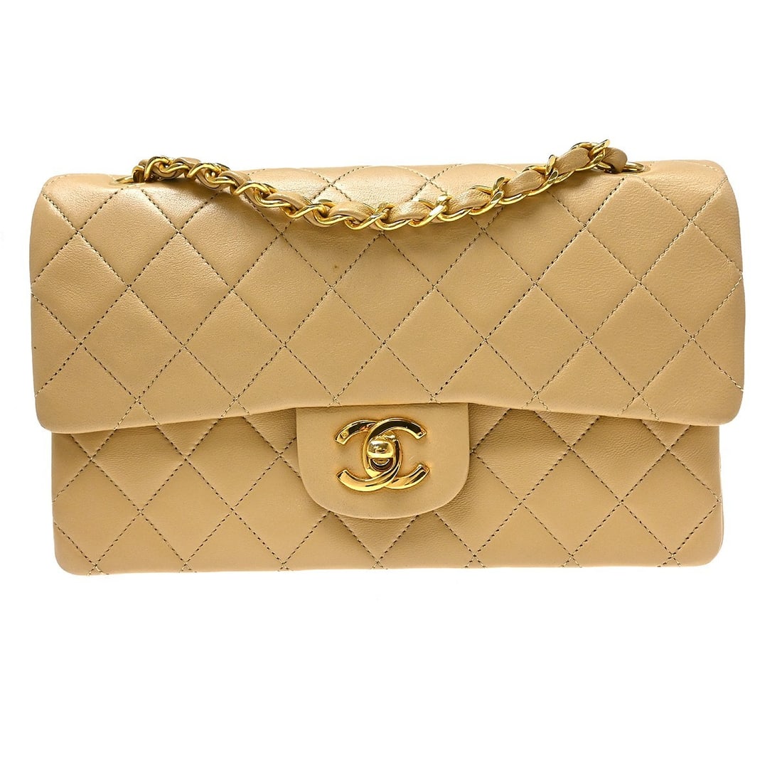 CHANEL Classic Double Flap Small Beige Lambskin Shoulder Bag (1 of 15)
