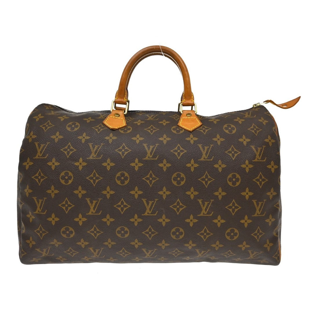 Louis Vuitton Speedy 40 Monogram Canvas Brown Duffle Bag M41522: Louis Vuitton Speedy 40 Monogram Canvas Brown Duffle Bag M41522 Vintage Louis Vuitton Speedy 40 duffle handbag in brown Monogram canvas with leather trim and double handles. This zip-top handbag shows