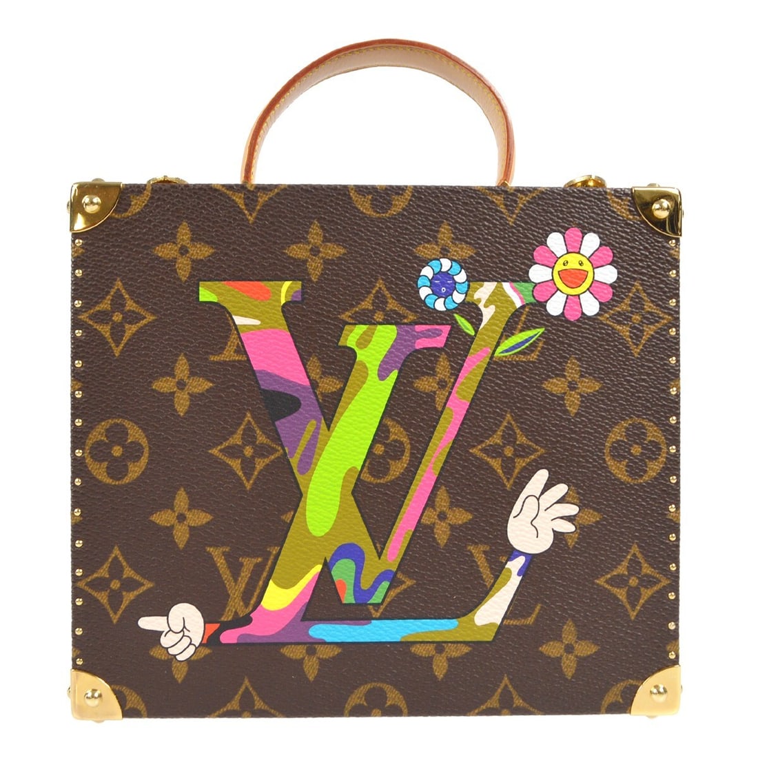 Louis Vuitton M92477 Monogram Jewelry Case Top Handle Bag: Louis Vuitton M92477 Monogram Jewelry Case Top Handle Bag Louis Vuitton Takashi Murakami hand jewelry case handbag in brown Monogram canvas with leather trim and a top handle design. This medium bag f