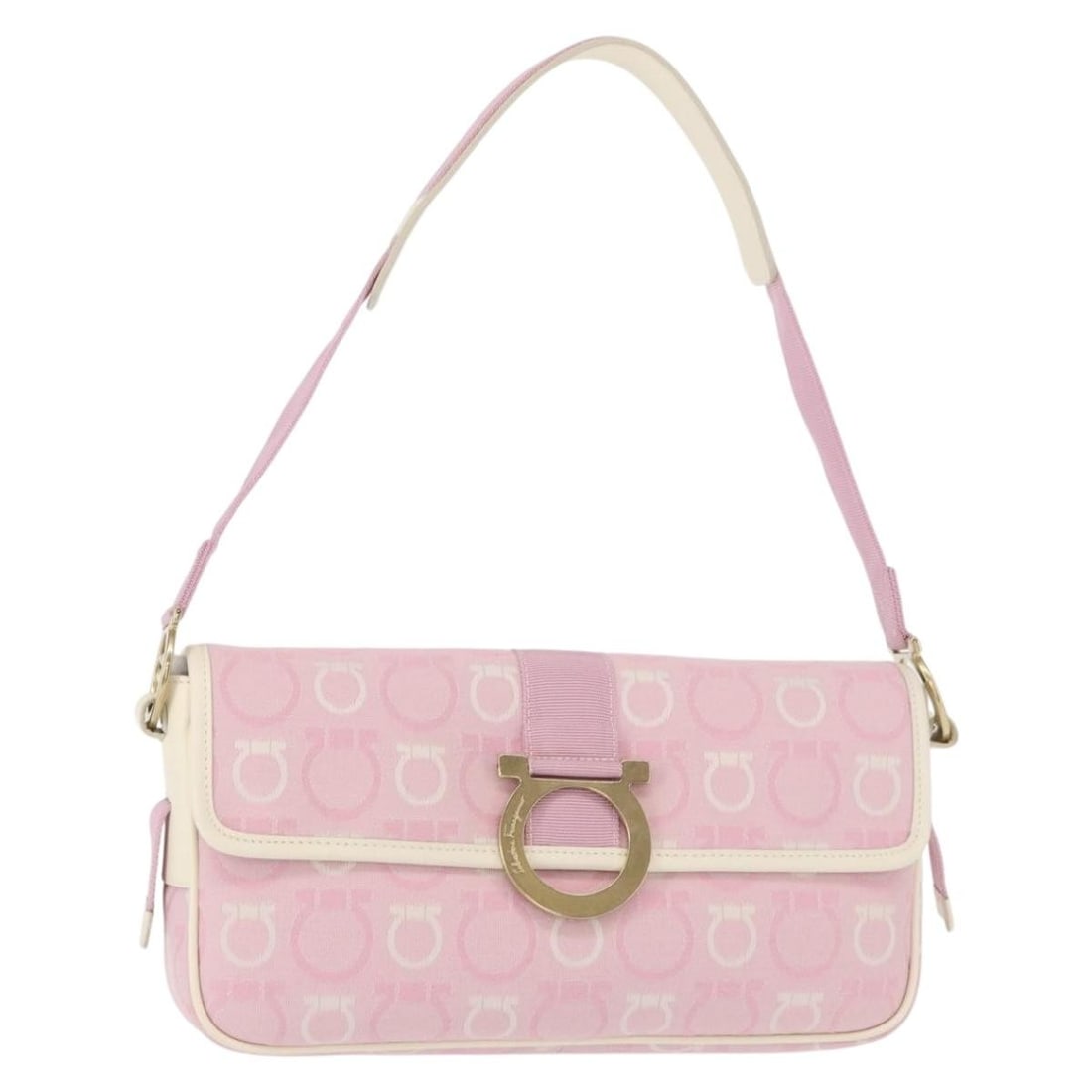 Salvatore Ferragamo Pink Gold Gancini Canvas Shoulder Bag Italy Auth: Salvatore Ferragamo Pink Gold Gancini Canvas Shoulder Bag Italy Auth This Salvatore Ferragamo Gancini Shoulder Bag showcases a stylish blend of pink and gold tones crafted from durable canvas. Measuri