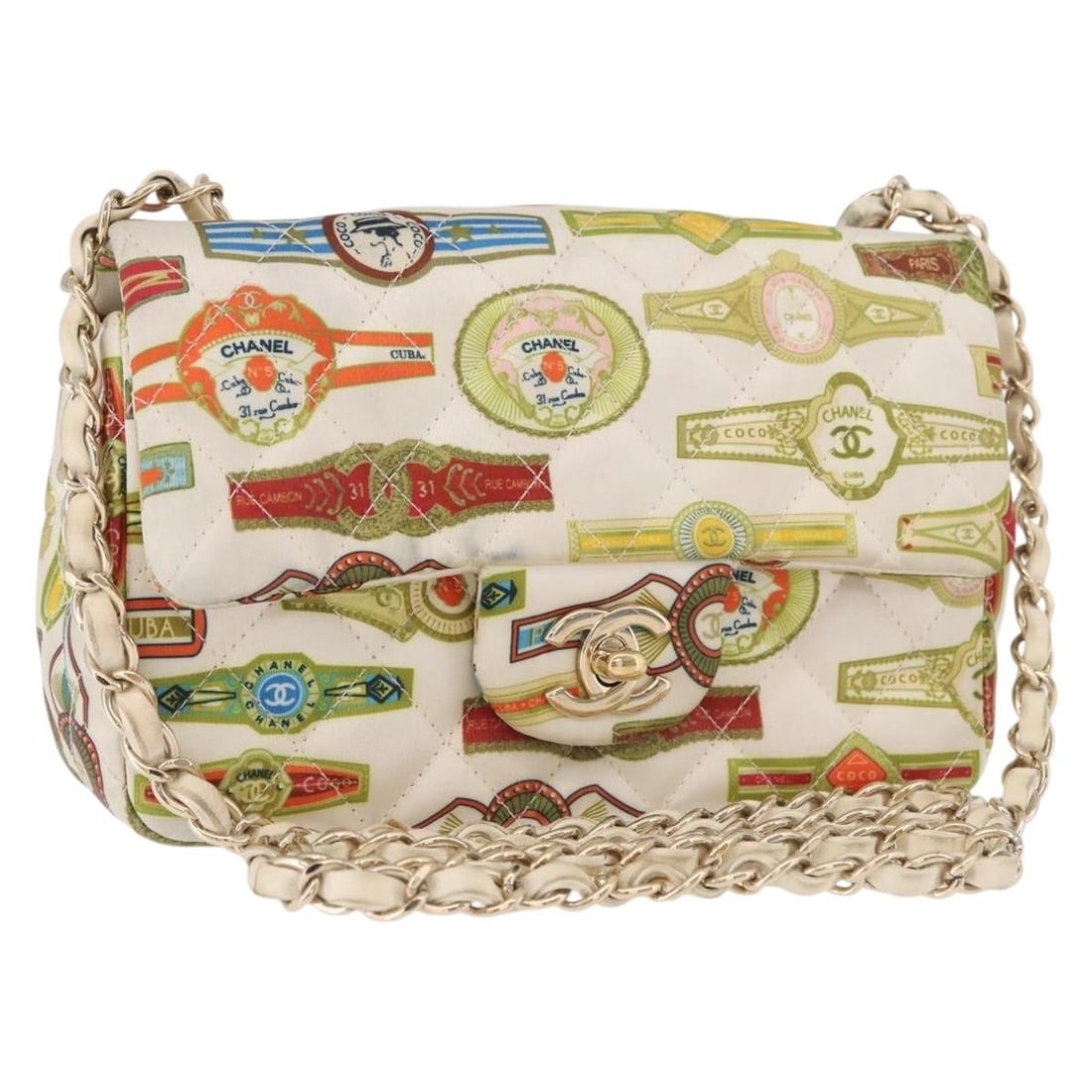 CHANEL Cuba Collection Matelasse Satin Shoulder Bag White Gold CC: CHANEL Cuba Collection Matelasse Satin Shoulder Bag White Gold CC Chanel Cuba Collection Matelasse 20 chain shoulder bag in white and gold satin. This women's shoulder bag includes a dust bag and is m