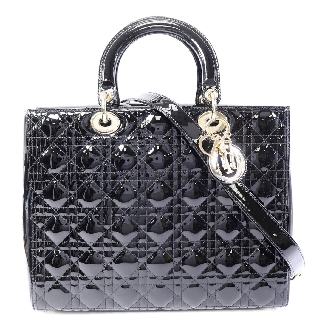 Dior Lady Dior Large Patent Leather Shoulder Bag M0566OWCB Black: Dior Lady Dior Large Patent Leather Shoulder Bag M0566OWCB Black This Christian Dior Lady Dior Large 2 Way Shoulder bag is crafted in black patent leather with gold-tone hardware and a 2-way carry des
