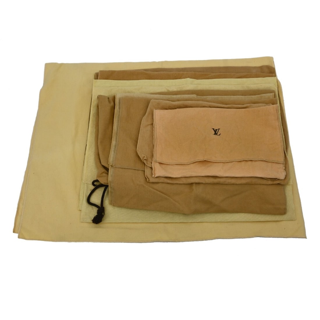 Set of 10 Louis Vuitton cotton dust bags in brown beige: Set of 10 Louis Vuitton cotton dust bags in brown beige Set of 10 authentic Louis Vuitton dust bags in brown and beige 100% cotton. These unisex dust bags show overall signs of use with reasonable wea