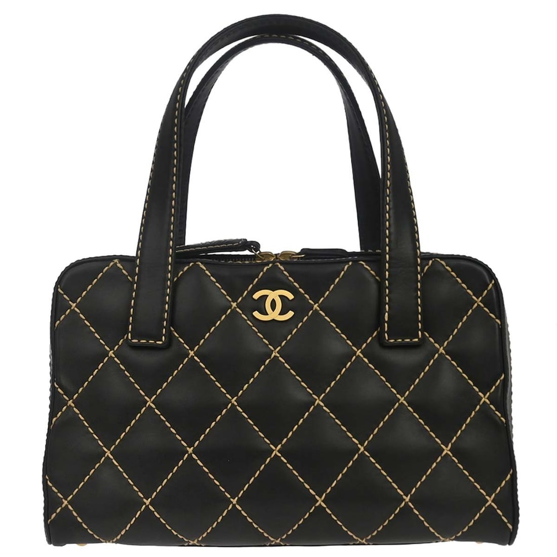 CHANEL Wild Stitch black calfskin top handle handbag: CHANEL Wild Stitch black calfskin top handle handbag This Chanel Wild Stitch handbag is crafted from black calfskin leather with a quilted exterior and nylon lining. It features a zip closure, top han