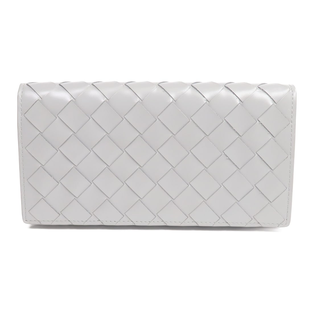 Bottega Veneta Intrecciato Gray Leather Bifold Long Wallet: Bottega Veneta Intrecciato Gray Leather Bifold Long Wallet A BOTTEGA VENETA long bifold wallet in gray Intrecciato leather, designed for women. It features a hook button closure and a practical interi