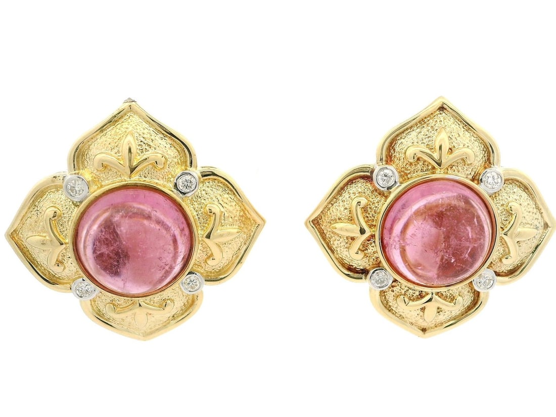 Omega 18k Yellow Gold Pink Tourmaline Diamond Flower Earrings: Omega 18k Yellow Gold Pink Tourmaline Diamond Flower Earrings Elevate your jewelry collection with these stunning 18k Yellow Gold Round Cabochon Pink Tourmaline and Diamond Flower Omega Earrings. Feat