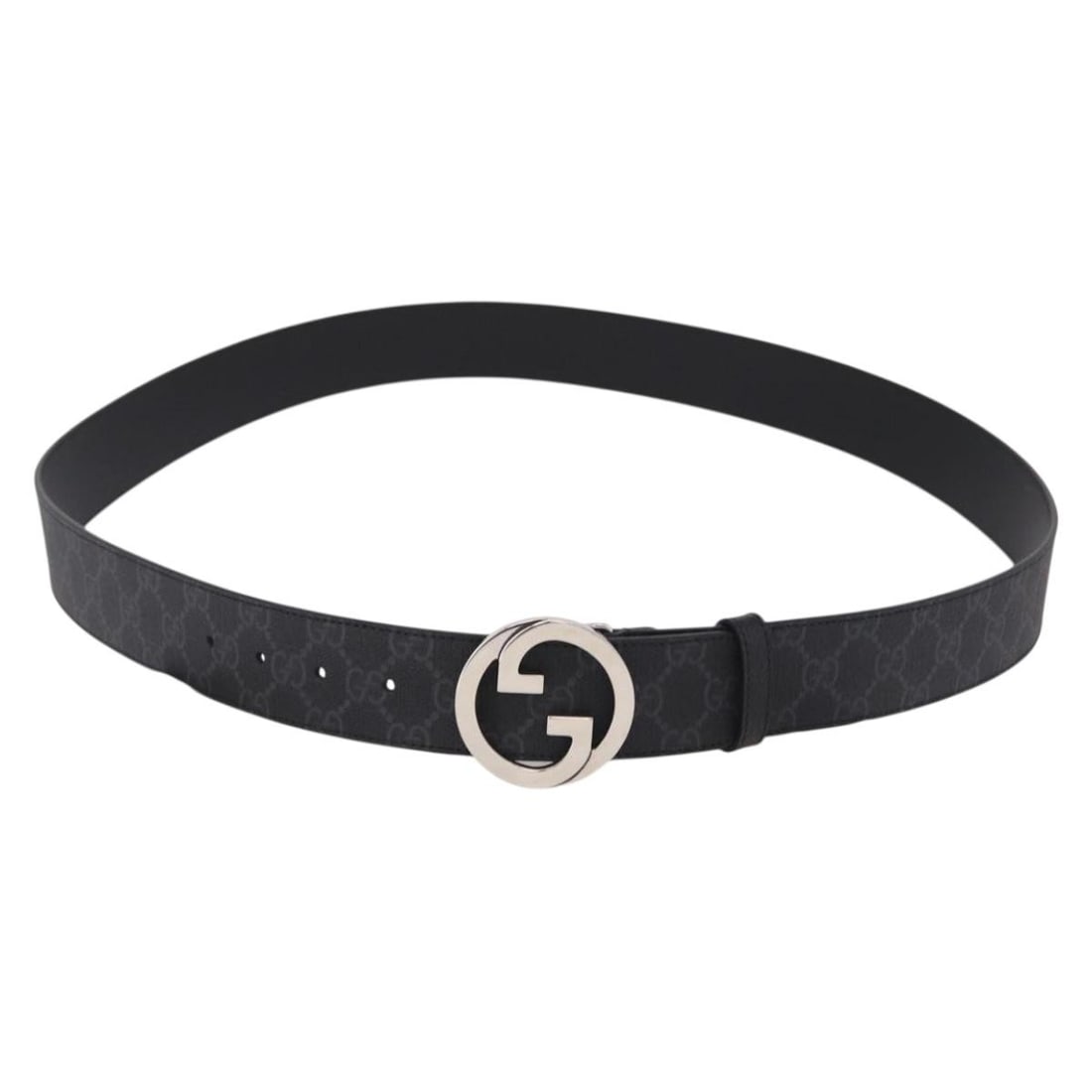Gucci 703147 GG Supreme PVC Leather Belt Interlocking G Black 53.1in: Gucci 703147 GG Supreme PVC Leather Belt Interlocking G Black 53.1in GUCCI GG Supreme Interlocking G belt in black and silver, made in Italy. The belt is crafted from PVC leather and GG canvas, and co