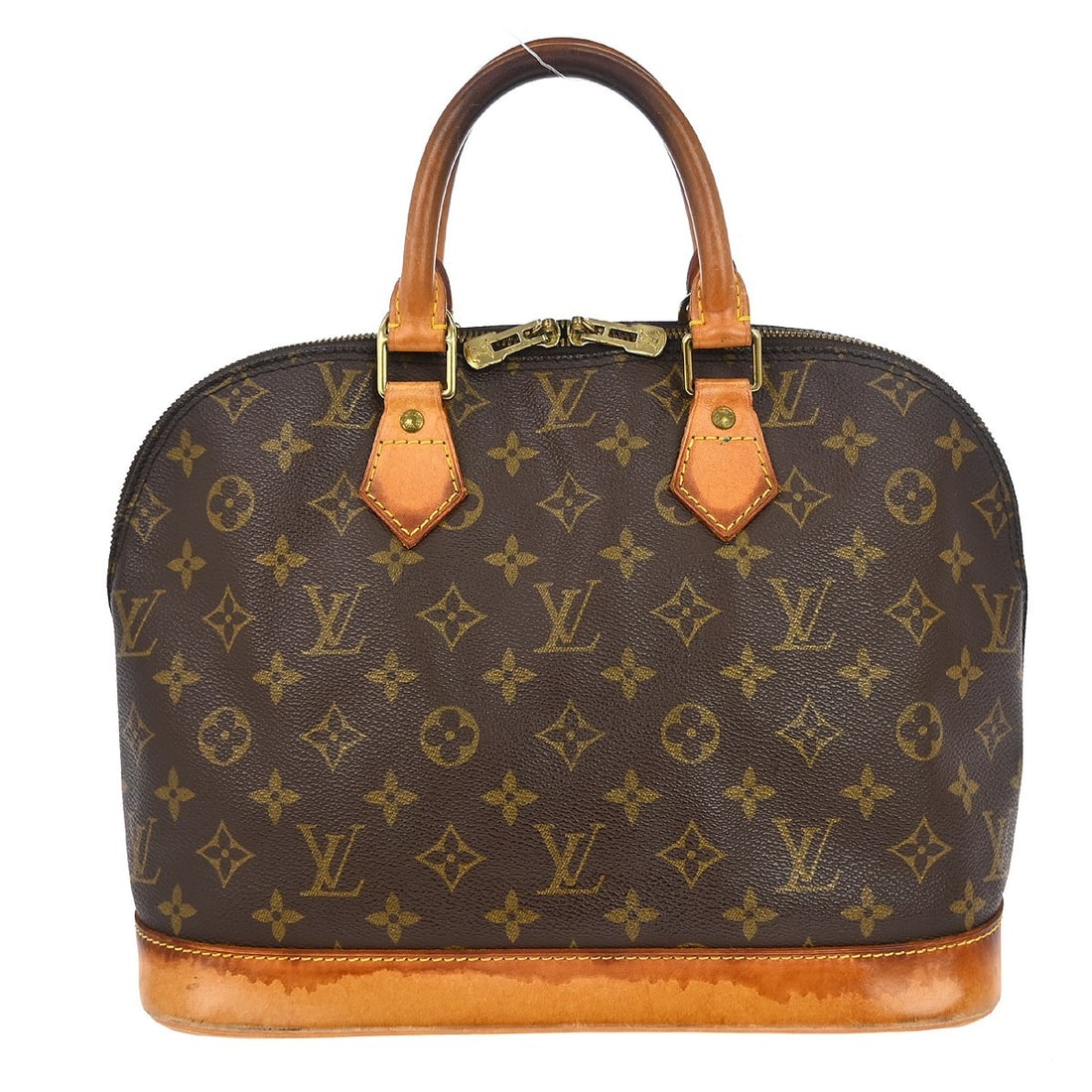 Louis Vuitton Alma Monogram Canvas Leather Handbag M51130: Louis Vuitton Alma Monogram Canvas Leather Handbag M51130 Louis Vuitton Alma handbag in Monogram canvas and leather, made in France. The bag is brown and features one inside pocket. Condition shows re