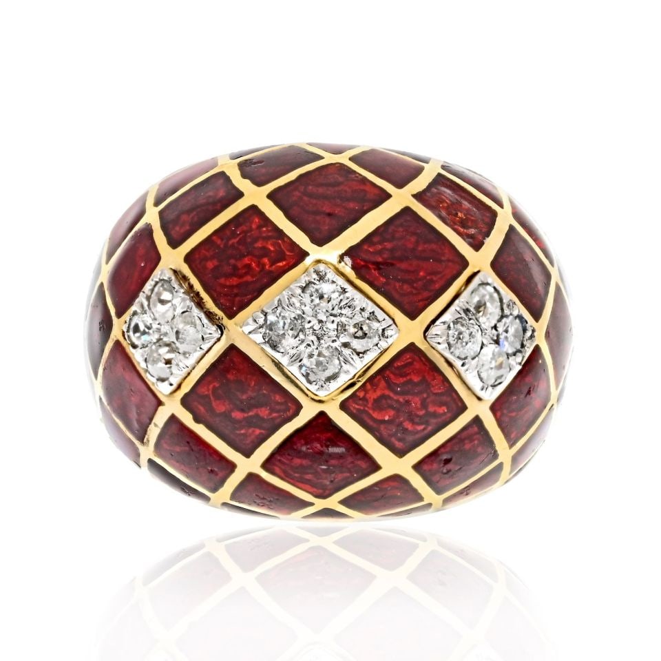 David Webb Platinum 18K Yellow Gold Red Enamel Bombe Ring: David Webb Platinum 18K Yellow Gold Red Enamel Bombe Ring This stunning David Webb Bombe Diamond Ring is a remarkable estate piece crafted from platinum and 18K yellow gold, weighing 20.3 grams. The r
