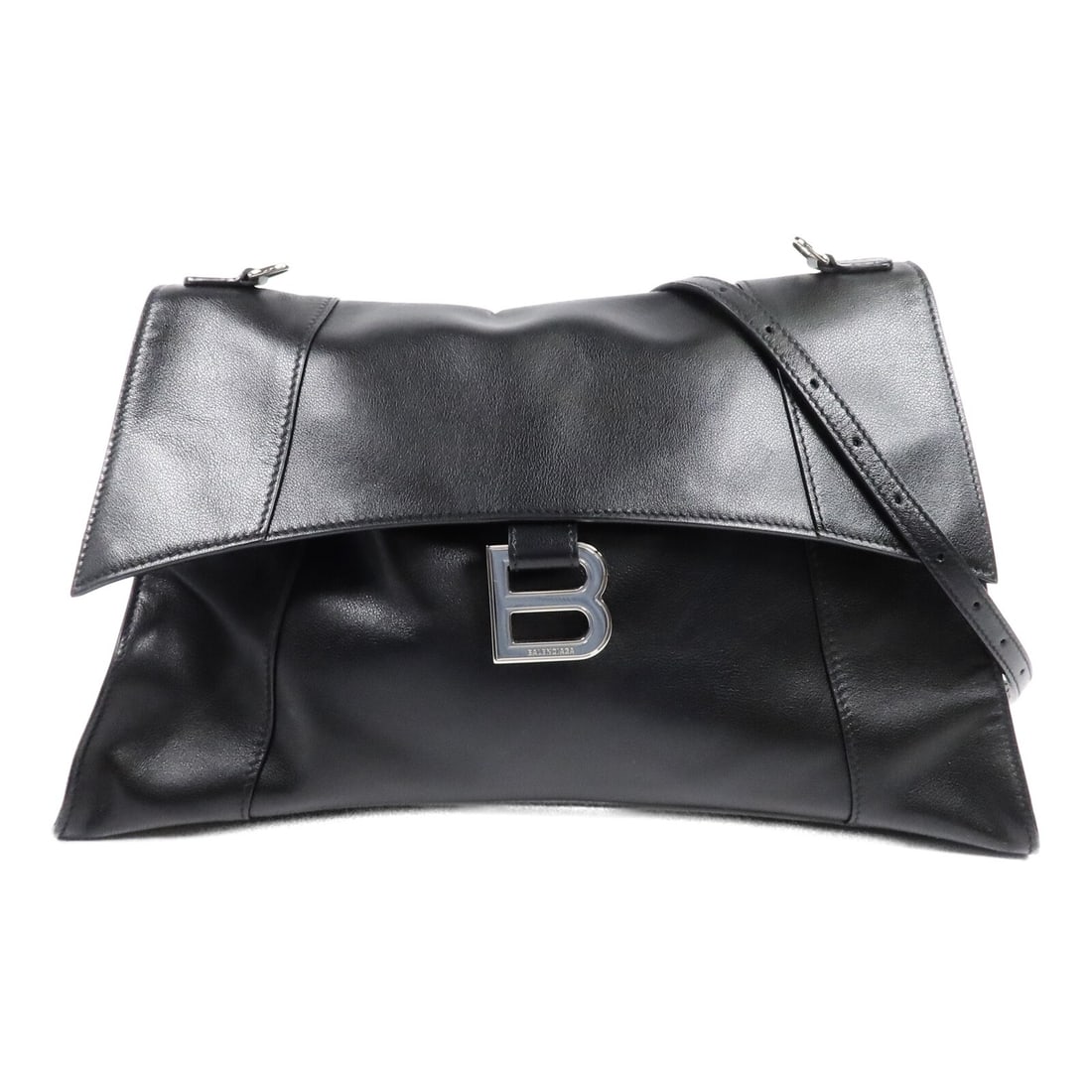 Balenciaga Hourglass Soft Medium Shoulder Bag 810733 Black Calfskin: Balenciaga Hourglass Soft Medium Shoulder Bag 810733 Black Calfskin Balenciaga SHW Medium Hourglass Soft Shoulder Bag 810733 in black calfskin leather. This shoulder bag features a magnetic pocket, tw