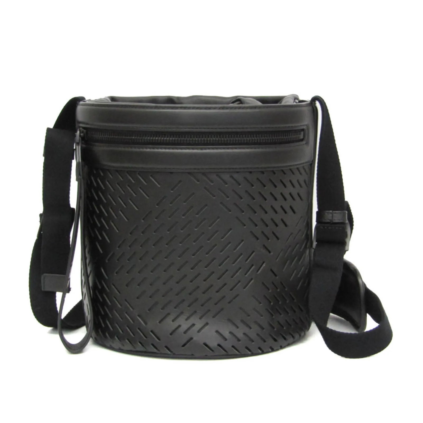 Black Perforated Leather Paper Bucket Bag by Bottega Veneta: Black Perforated Leather Paper Bucket Bag by Bottega Veneta The Bottega Veneta Paper Bucket Bag is crafted from perforated black leather and designed for unisex use. This stylish bag features a spacio