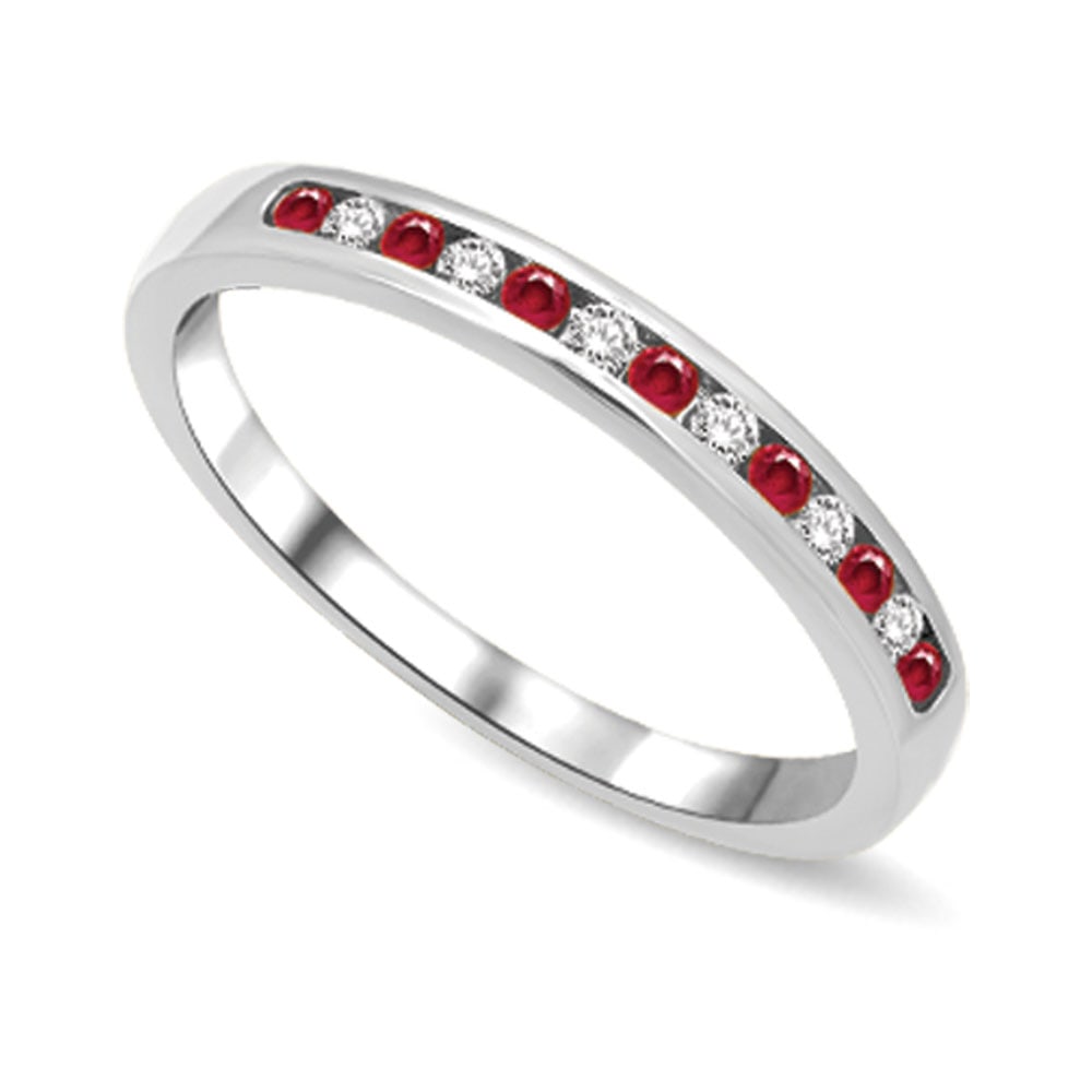 14K White Gold 1/5 Ct.tw Ruby and Diamond Machine Band: 14K White Gold 1/5 Ct.tw Ruby and Diamond Machine Band 14K White Gold Machine Band Set with 7 round cut 1/5 Ct.Tw. Ruby and 6 diamonds in channel setting. 14k White Gold Stone Color: Gh Stone Clarity: