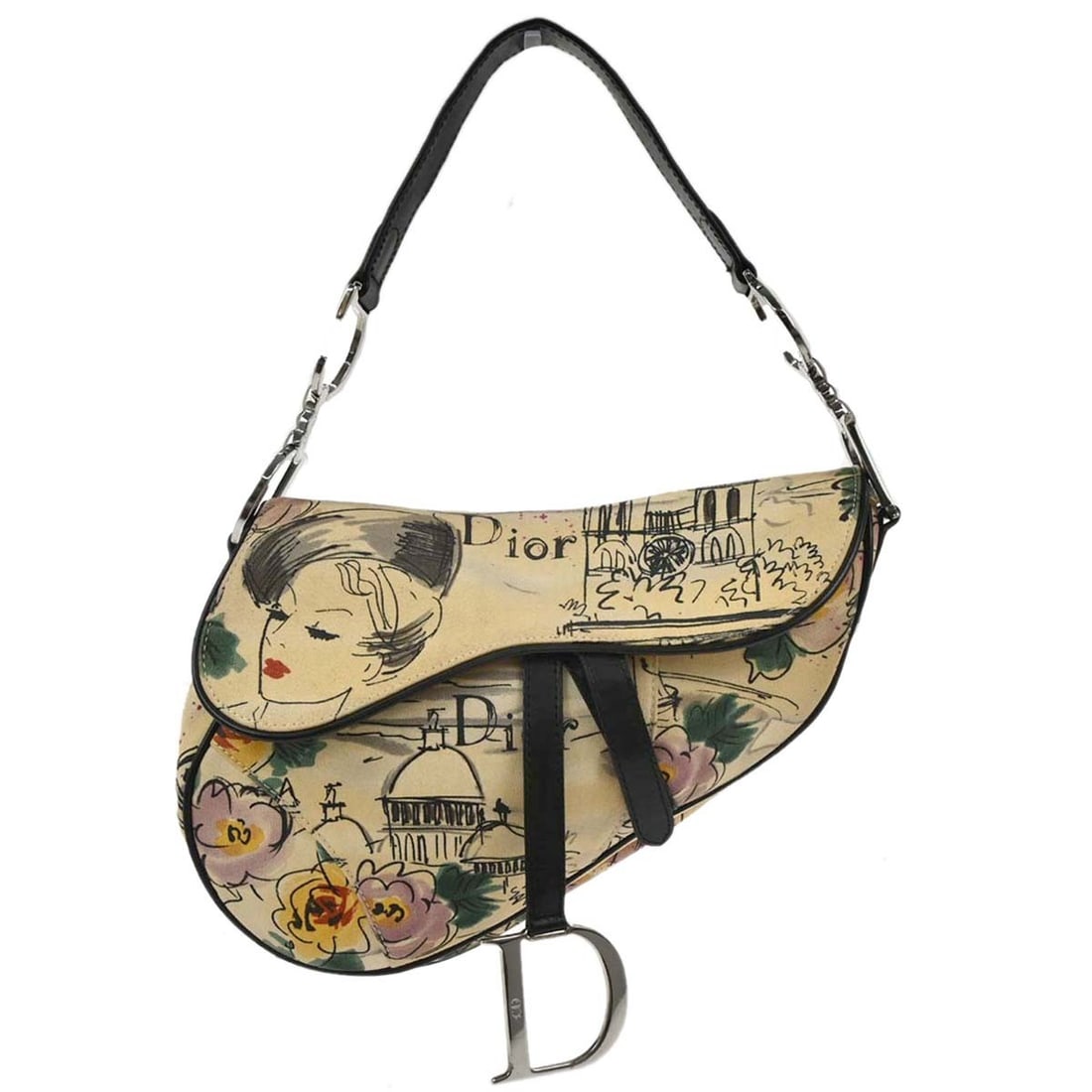 Dior Saddle Shoulder Bag Beige Canvas and Leather John Galliano: Dior Saddle Shoulder Bag Beige Canvas and Leather John Galliano Christian Dior Saddle handbag in beige canvas and leather with a shoulder strap and Velcro closure. This medium women's bag features one